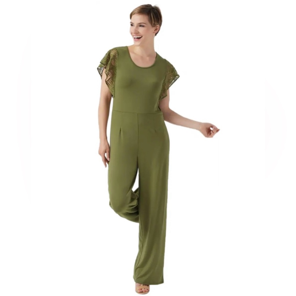 H by Halston Jet Set Jersey Wide-Leg Jumpsuit w/Lace Sleeves-Vine-XL